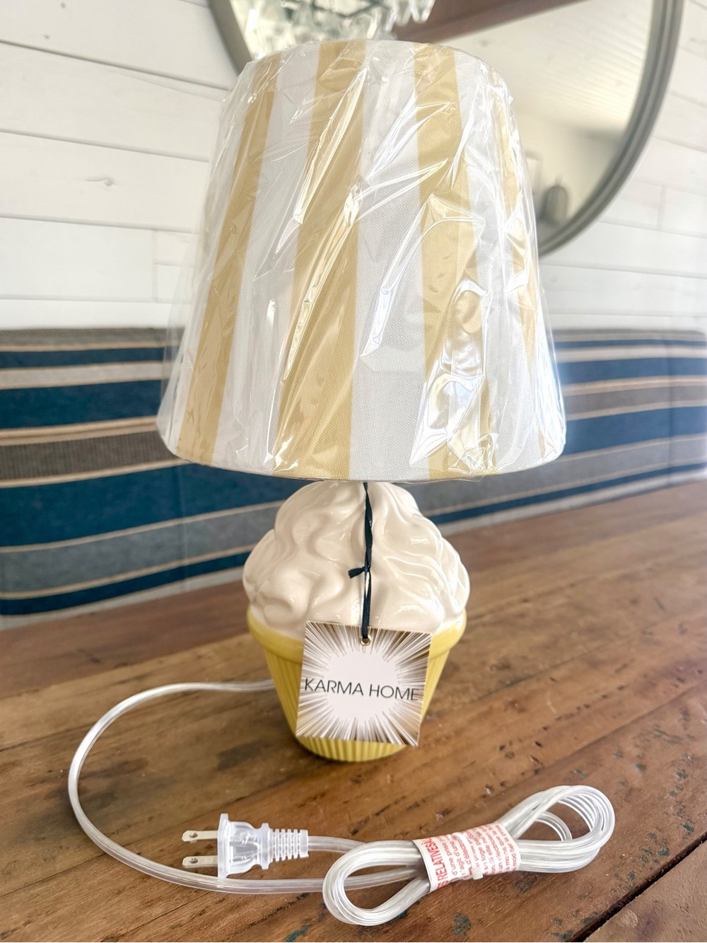 Karma Home Cupcake Table Lamp Pastel Yellow Stripe 15” Kitchen Nursery Decor NWT